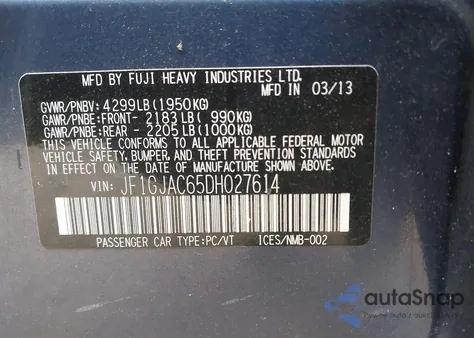 2013 Subaru Impreza 2.0I Premium z USA, uszkodzony, nr VIN JF1GJAC65DH027614